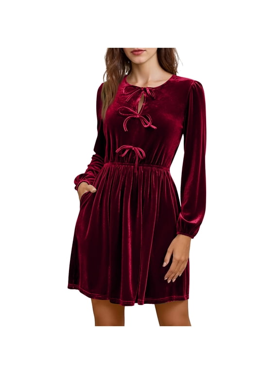 Velvet Party Dress for Women with Diamond-Studded Bowknots Elegant Casual Long Sleeve Pleated Swing Short Gowns (S, Wine A)