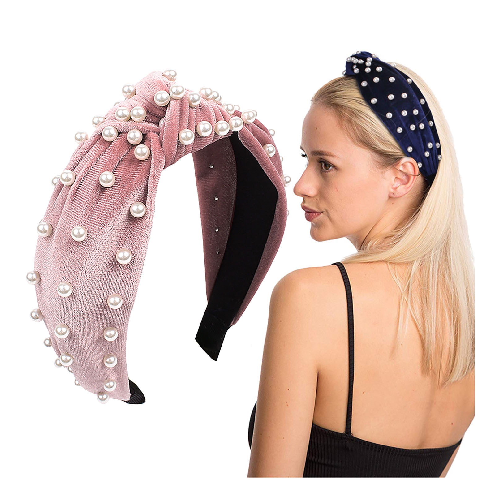 NWT Dual Pearl Velvet Padded Headband Navy Blue Headband Velvet Hair Band Blue Pearl Headband  main image 2