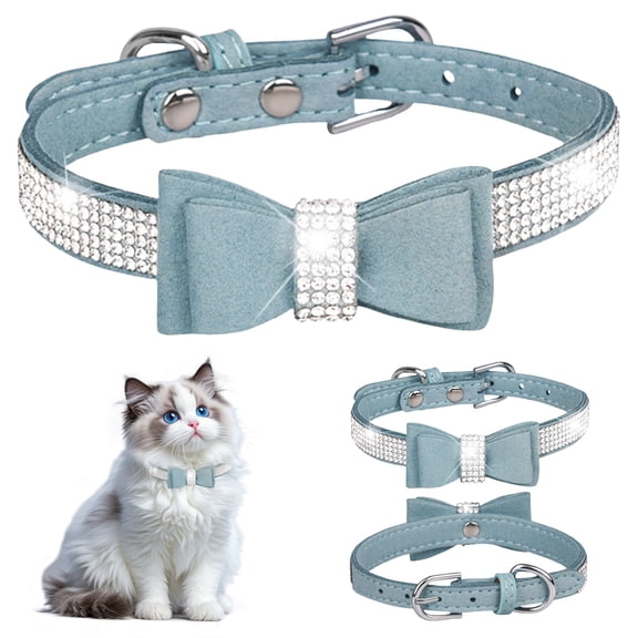 Velvet Pet Collar with Crown, Decorative Comfortable Cat Dog Collar for Small Medium Animals, Adjustable Soft Collar with Sparkling Design, Purple, S (37cm), Light blue