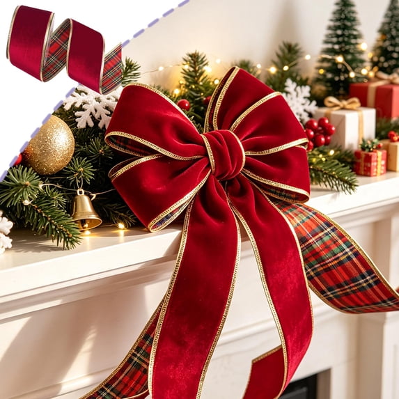 Velvet Plaid Backed Wired Holiday Ribbon, Roll‑shaped Fabric Trim, Border‑edged Decorative Band for Holiday Gift Crafting