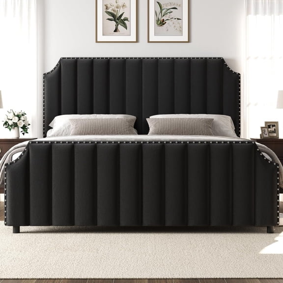 Velvet Platform Bed Frame with 50.2 Inch Tall Tufted Headboard Footboard, Nailhead Trim No Box Spring Cream