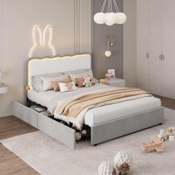 Velvet Platform Bed Frame with Wave Shaped Headboard, RGB LED Lights, 2 Storage Drawers and Pull Out Trundle Bed