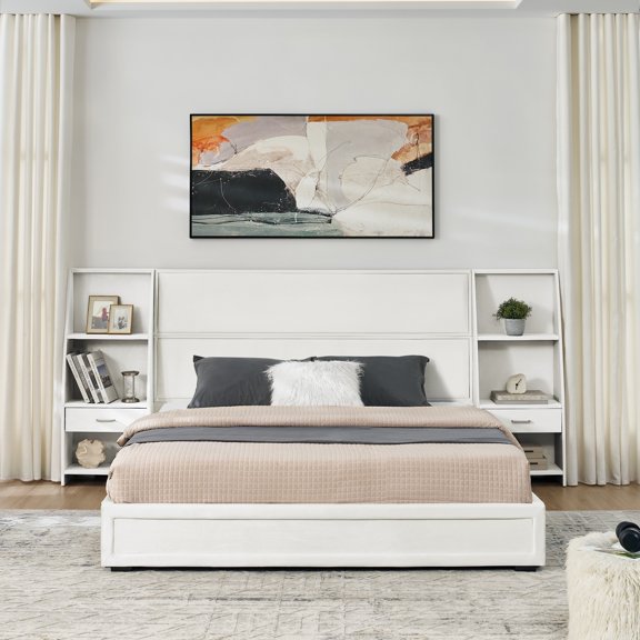 Velvet Platform Bed Queen Size with Storage Headboard and Bookcase, Grounded Wood Bed Frame with Wood Slats and Center Support, No Box Spring Needed, Biege