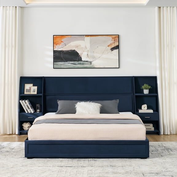 Velvet Platform Bed Queen Size with Storage Headboard and Bookcase, Grounded Wood Bed Frame with Wood Slats and Center Support, No Box Spring Needed, Dark blue