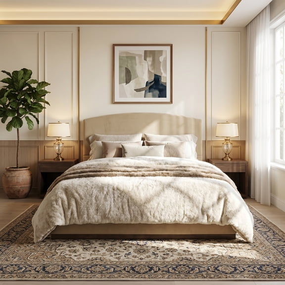 Velvet Platform Bed Queen Size with Headboard, Grounded Upholstered Bed Frame, Wood Slats and No Box Spring Needed, Camel