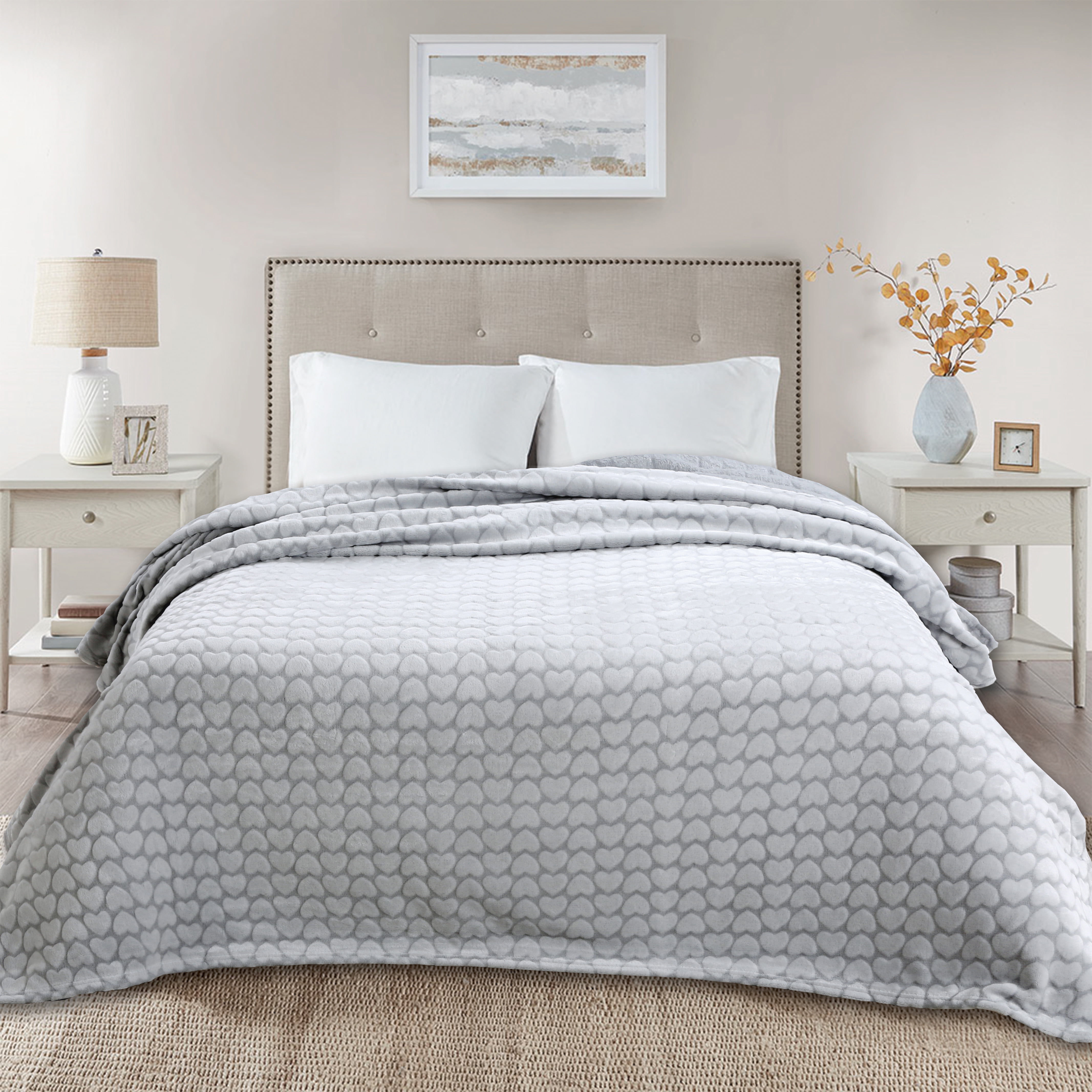 Velvet Plush Blanket Grey Hearts Twin 66x86