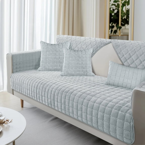 Velvet Plush Plaid Quilted Sofa Cover Super Soft Non Slip Sectional Couch Cover Fluffy Fuzzy Slipcover Furniture Protector
