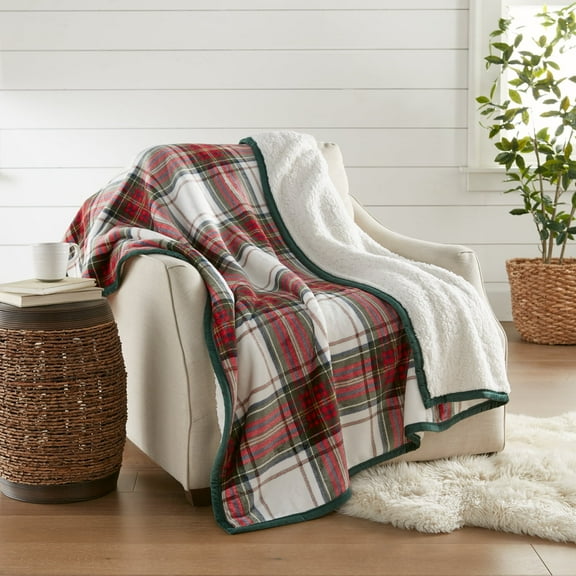 Velvet Plush Sherpa Throw 60" x 70", Throw, St. Nicholas Plaid, Soft Cozy