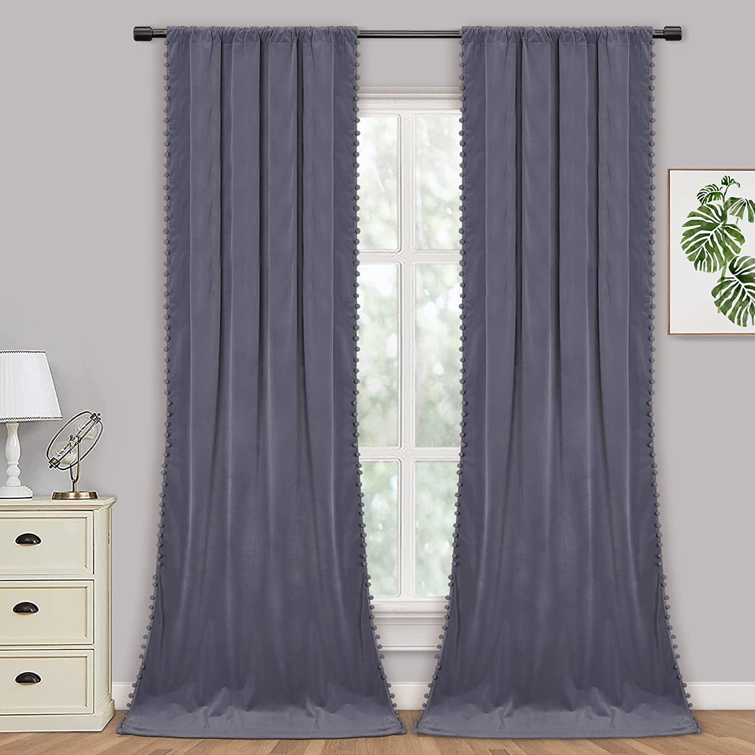 Velvet Pom Pom Curtains 108 Inches Long-Pompoms Tasseled
