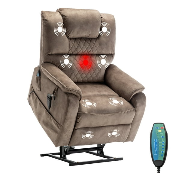 Velvet Power Lift Chair,180 Degree，Electric Lift Recliner with Lumbar Support Lays Flat Home Sofa,Massage Heating,400 lbs ,Brown