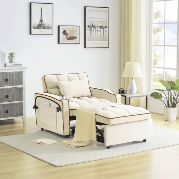 Velvet Pull-Out Sofa Bed, Modern 3-In-1 Foldable Futon Couch with USB Port, Swivel Phone Stand & Ashtray, Creamy White