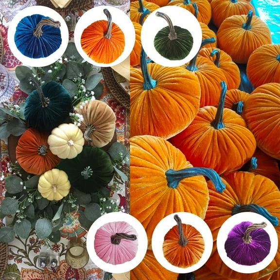 Velvet Pumkins Ornament, Rustic Faux Velvet Pumpkins with Stems Fabric Pumpkins Foam Pumpkins for Fall Decorations Wedding Harvest Thanksgiving Halloween Table Centerpiece Fall Decor