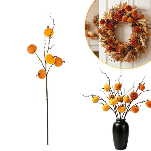 Velvet Pumpkin Branch Picks,Fall Harvest Floral Stems,Halloween Mantel Decor,Thanksgiving Table Centerpiece,Farmhouse Vase Filler,Indoor Seasonal Twig Ornament,Fake Pumpkin Floral Arrangement