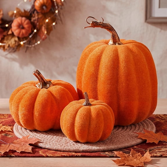 Velvet Pumpkin Decor Set 3D Rustic Fall Faux Foam Pumpkin Tabletop Decor Flocked Autumn Centerpiece Mantel Decoration for Halloween Harvest Home Kitchen