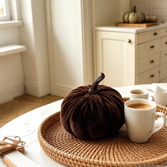 Velvet Pumpkin Decorations, Mini Fabric Pumpkins for Fall Harvest Thanksgiving Halloween Mantel Tabletop Home Farmhouse Decor (Brown)