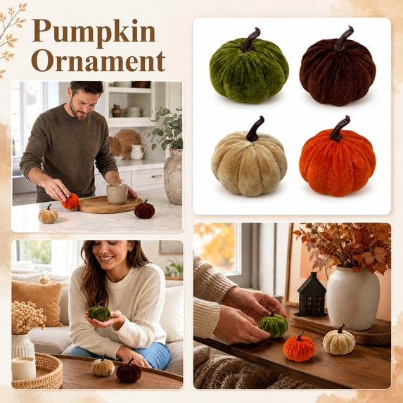 Velvet Pumpkin Decorations, Mini Fabric Pumpkins for Fall Harvest Thanksgiving Halloween Mantel Tabletop Home Farmhouse Decor (Green)