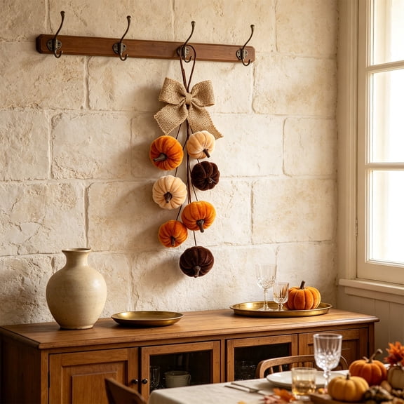 Velvet Pumpkin Fall Garland for Mantle, Autumn Farmhouse Wall Decor for Front Door Stair Thanksgiving