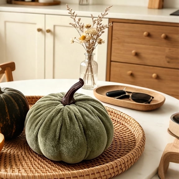 Velvet Pumpkin Ornament, Small Fake Artificial Foam Fabric Pumpkin for Fall Harvest Thanksgiving Holiday Party Tabletop Farmhouse Decor (Green)