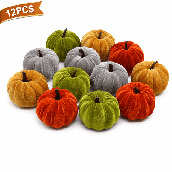 Velvet Pumpkins Fall Decor Set Mini Faux Pumpkin Decorations for Thanksgiving Table Centerpiece, Rustic Autumn Farmhouse Harvest Decor (12 Pcs)