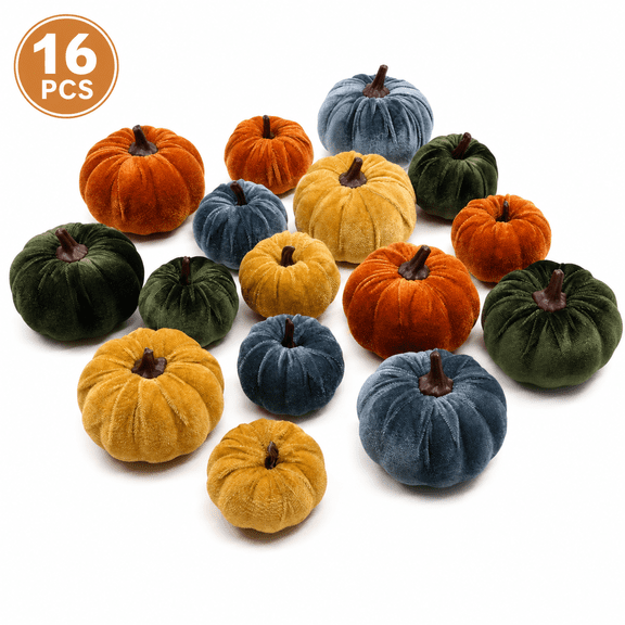 Velvet Pumpkins Fall Decor Set Mini Faux Pumpkin Decorations for Thanksgiving Table Centerpiece, Rustic Autumn Farmhouse Harvest Decor (16 Pcs)