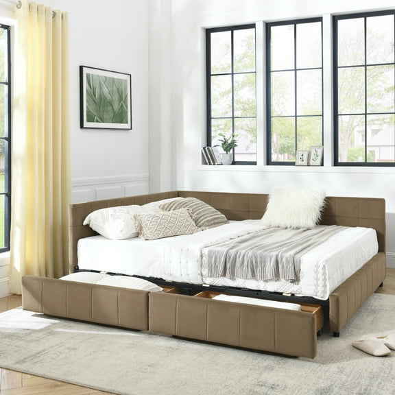 Velvet Queen Bed Frame with Headboard, Tufted Upholstered Storage Daybed Frame, Multi-Functional Sofa Bed Frame with Armrest & Drawer Storage for Bedroom Living Room