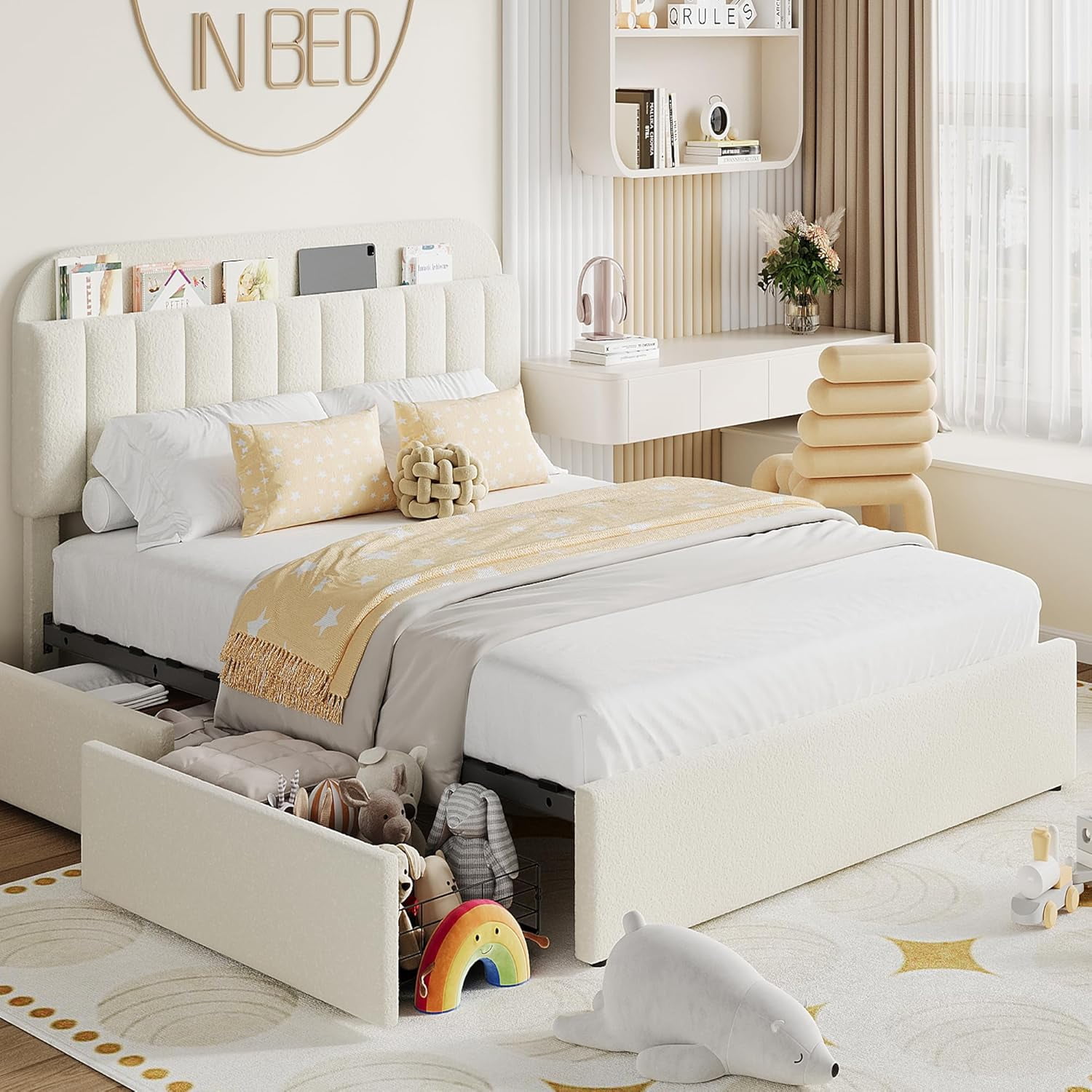 Velvet Queen Bed Frame with Storage Headboard & Drawers, Upholstered Platform Bed, Easy Assembly, No Box Spring