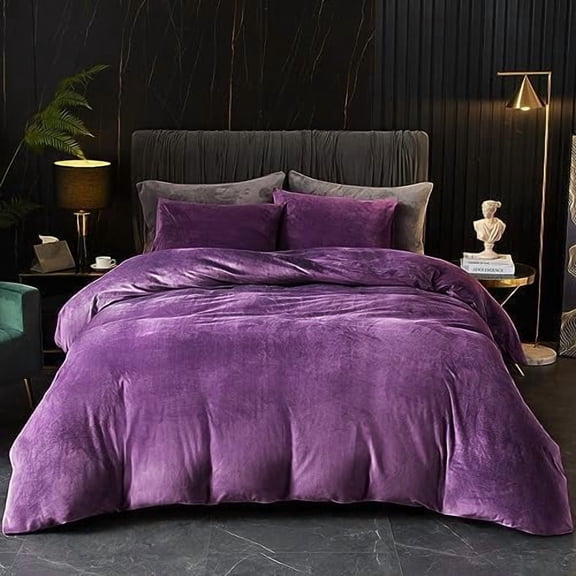 Velvet Queen Duvet Cover Purple Comforter 3Pcs Ultra Soft Breathable Luxury Flannel Velour Zipper Closure Corner Tie