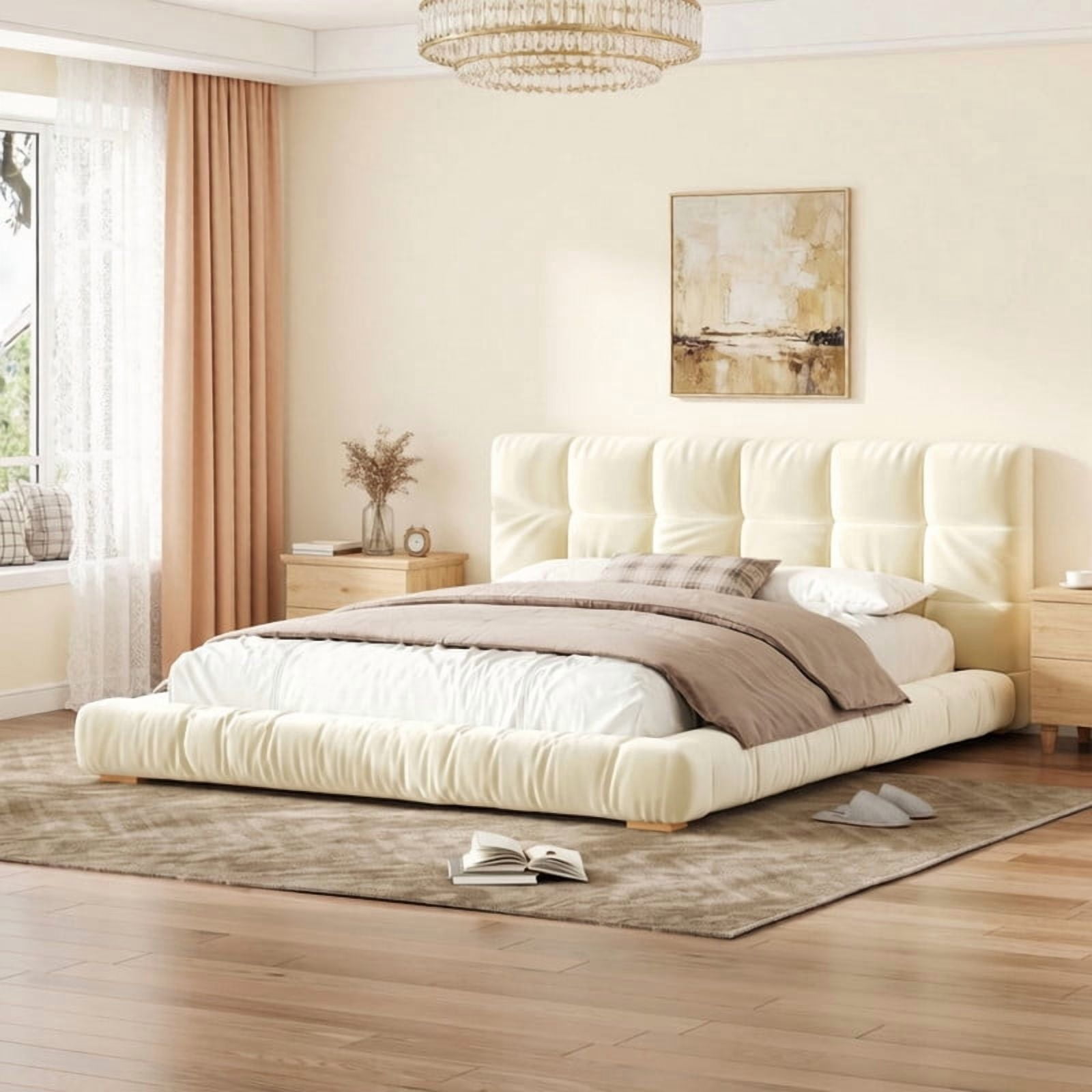 Velvet Queen/King Size Platform Bed Frame, Upholstered Floor Bed, Fully Wrapped Grounded Bed with Channel Tufted Headboard