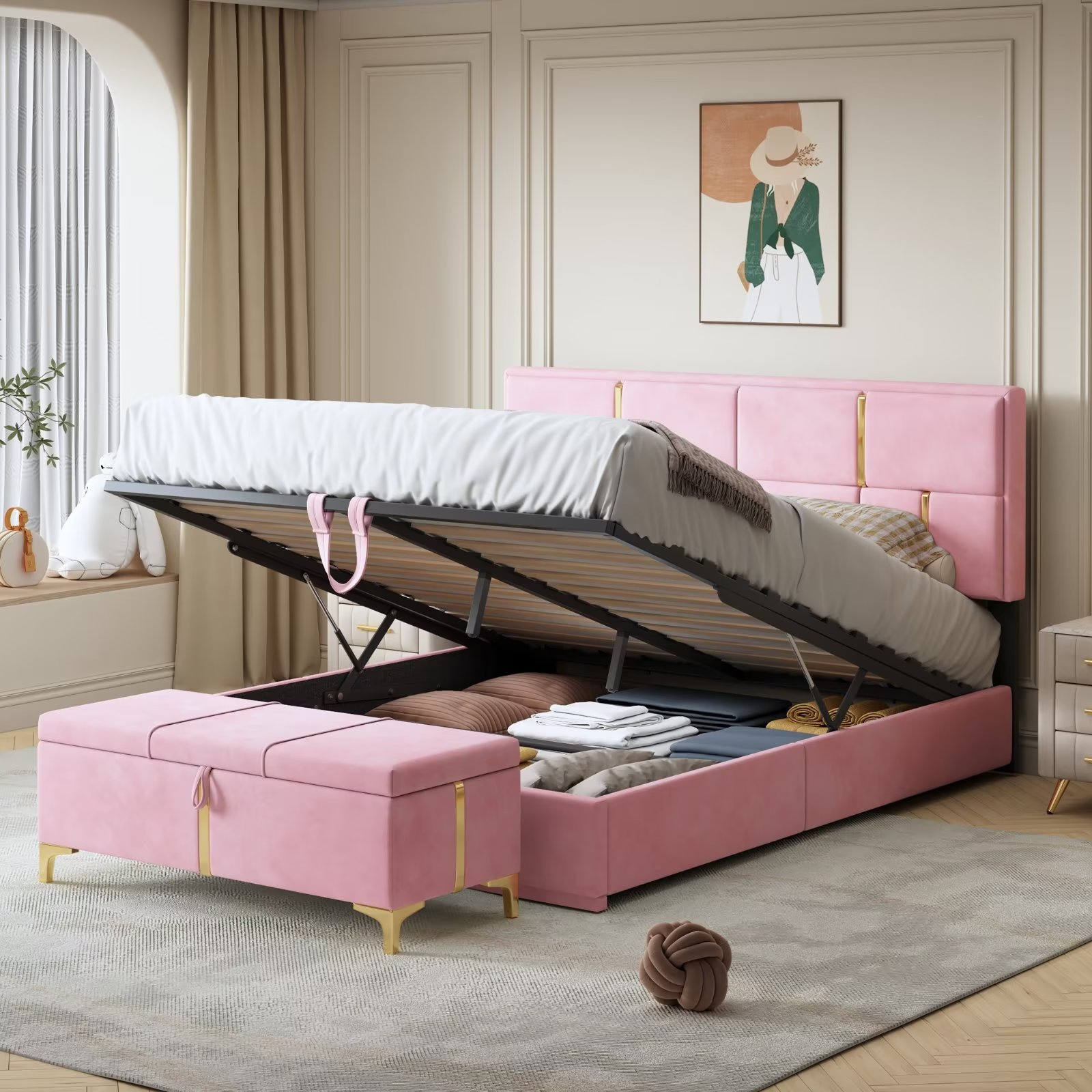 Velvet Queen Platform Bed with Storage End of Bed Bench 2 Piece Bedroom