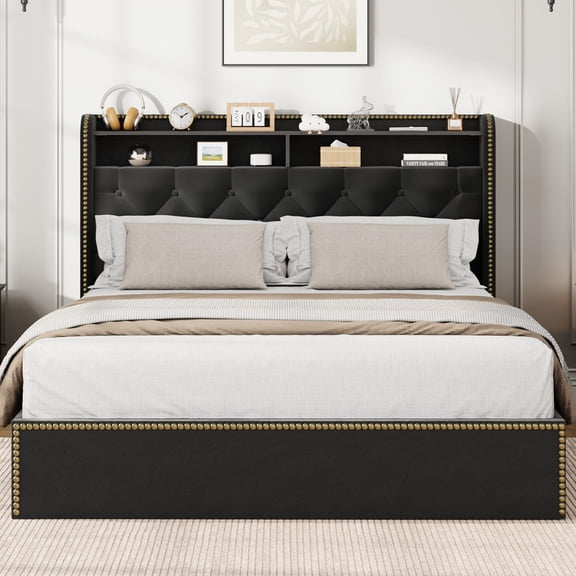 Velvet Queen Size Bed Frame with 4 Storage Drawers, Upholstered Queen Platform with Tufted Headboard and Nailhead Trim Design, Black No Box Spring Needed Wooden Slats Bedframe