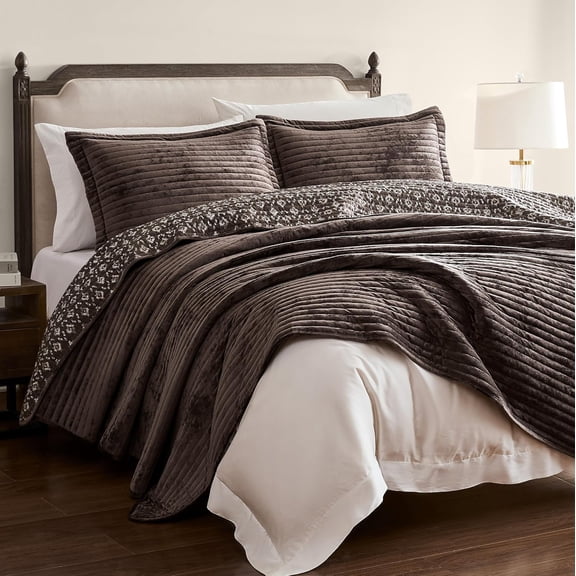 Velvet Queen Size Quilt Set - Chocolate Striped Soft Lightweight Bedspread, Dark Brown Neutral Channel Farmhouse Country Rustic Coverlet, Coffee Modern Bedding Warm Thin Comforter, 3 Pieces