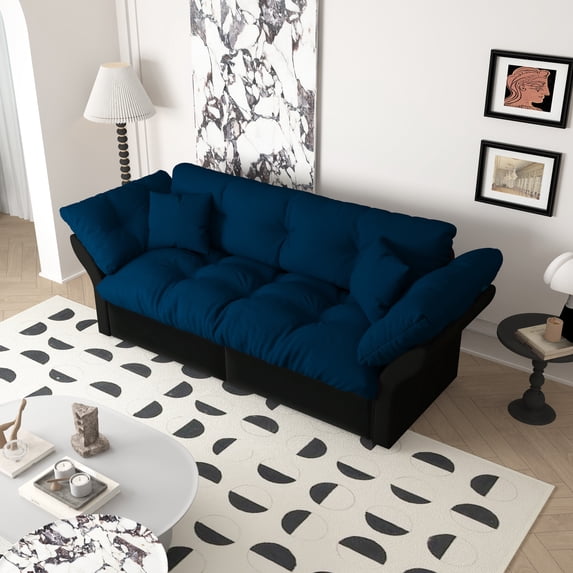 Velvet Queen Sofa Bed, 3-in-1 Convertible Sleeper with Pull Out Mechanism, Multi-Functional Loveseat for Small Spaces, Apartments, Includes 2 Pillows, Blue