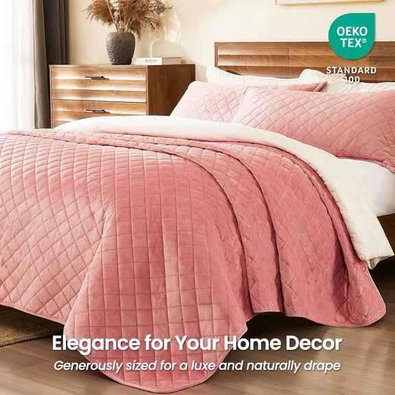 Velvet Quilt King Size: 3-Piece Reversible Luxury Velvet Bedding Comforter Set - Lightweight Oversized Quilted Bedspread Coverlet with 2 Pillow Sham for All Season - Pink Quilt