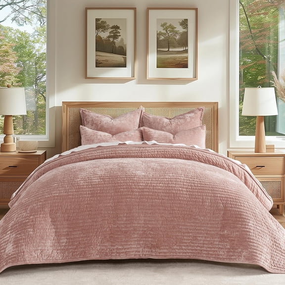 Velvet Quilt Set King Size, Luxurious Soft Striped Channel Bedding Set, Lightweight Velvet Comforter for All Season, Oversized Bedspread Coverlet with 2 Matching Shams, Pink Clay