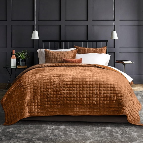 Velvet Quilt Set King Size Rusty Burnt Orange Channel Stitch