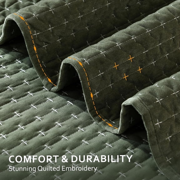 Velvet Quilt Set Queen Size 3 Pieces Cross Stitch Bedspread Coverlet with 2 Shams for All Season Lightweight Comforter Bedding Set Army Green 90x96