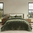 thumbnail image 1 of Velvet Quilt Set Queen Size, Luxurious Soft Striped Channel Bedding Set, Lightweight Velvet Comforter for All Season, Oversized Bedspread Coverlet with 2 Matching Shams, Olive Green, 1 of 8
