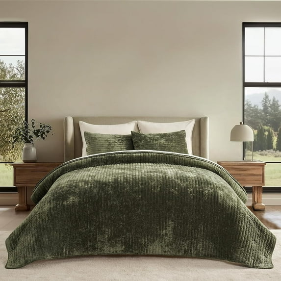 Velvet Quilt Set Queen Size, Luxurious Soft Striped Channel Bedding Set, Lightweight Velvet Comforter for All Season, Oversized Bedspread Coverlet with 2 Matching Shams, Olive Green