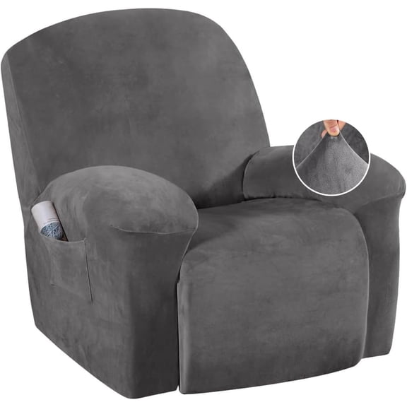 Velvet Recliner Chair Covers 1-Piece for Reclining Chair, Recliner Cover Feature Thick Luxury and Soft Fabric with Elastic Bottom, Anti-Slip Foams Attached (Grey, Large)