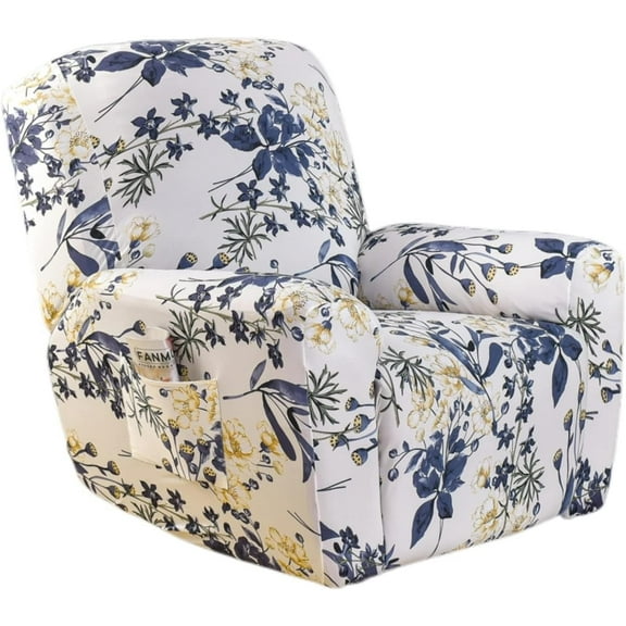 Velvet Recliner Cover 4 Pieces Printed Lazy Boy Chair Covers Recliner Sofa Slipcover Anti-Slip Fitted Furniture Protector with Elastic Bottom