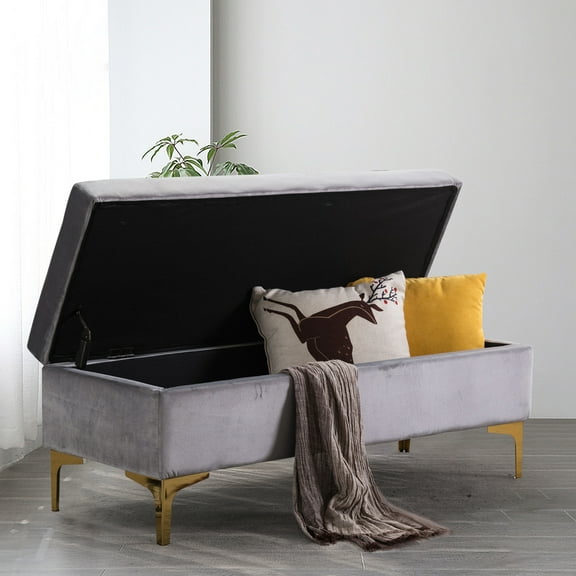 Velvet Rectangle Lift Top Storage Ottoman Bench Stools with Golden Metal Legs, Gray, Set of 1