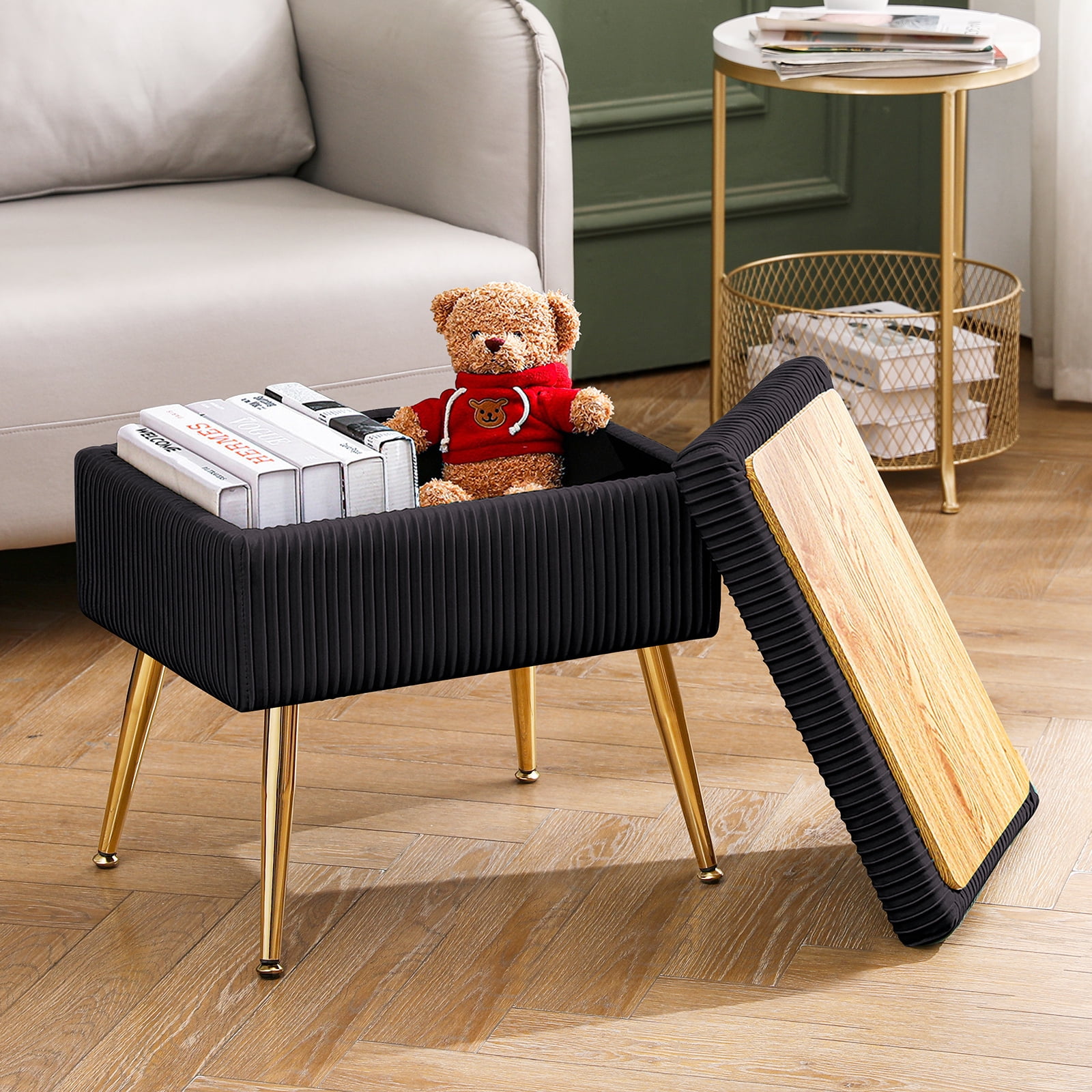 Velvet Rectangle Storage Ottoman Upholstered Vanity Stool Modern Footrest Stool Black Walmart