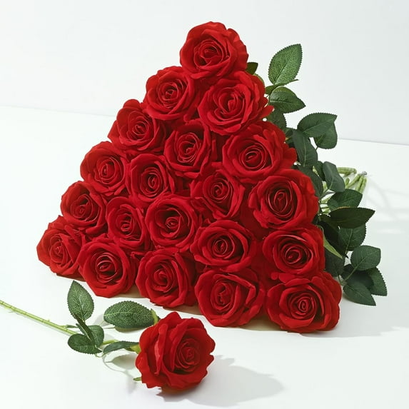 Velvet Red Roses Artificial Flowers, Fake Roses Long Stem, Real Touch Faux Roses Bouquet Upgraded Artificial Red Roses for Home Wedding Party Office Hotel Centerpiece Arrangement