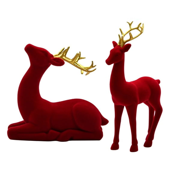 Velvet Reindeer Figurines Set, B Velvet Reindeer Figurines Set, Velvet Reindeer Figurines Set, Red And Green Deer with Gold Antlers for Xmas Decor, by Elapind