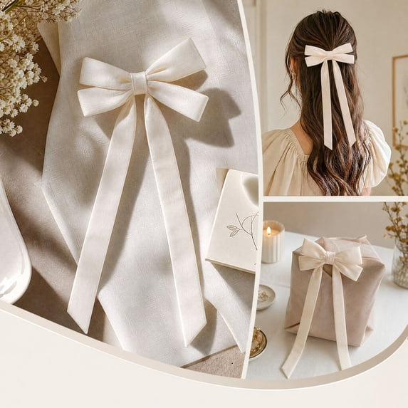 Velvet Ribbon Bows 10-Pack Pre-Tied Long Tail Cream White Christmas Tree Decor 12.4 In Fabric Bow