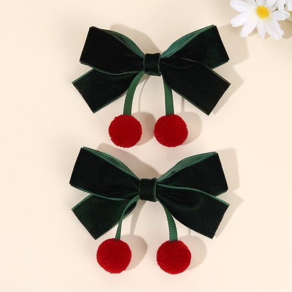 Velvet Ribbon Hair Bow Clips - 2 PCS Cute Hair Bow Clips with Red Cherry Ball Handmade Alligator Barrettes Pins Bowknot Party Dress Decor Accessories for Girls
