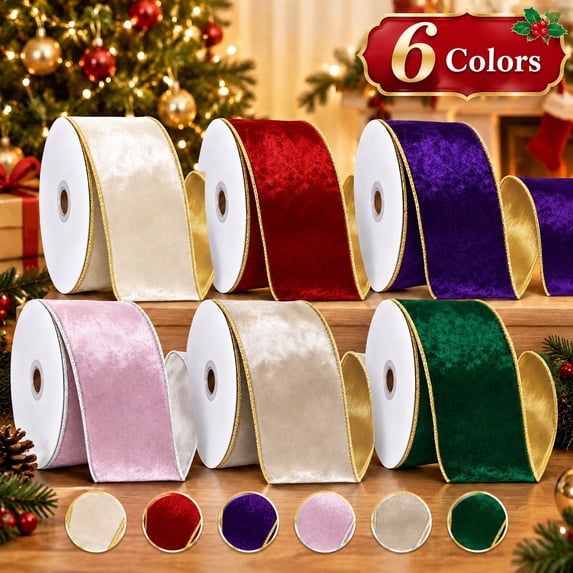 Velvet Ribbon Wired, 6 Rolls 6 Colors 2.5 Inch Christmas Ribbon with ...