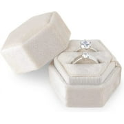 CJUAN Velvet Ring Box for Jewelry Gift, Double Slots Hexagon Ring Case Box for Proposal Engagement Wedding Ceremony Valentines Day Holding 2 Rings (Beige)