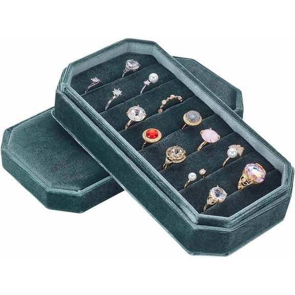 Velvet Ring Organizer Display Tray Green Earring Holder Case 7 Slots Velvet Rectangle Jewelry Ring Box Ring Display Holder with Detachable Lid for Wedding Birthday 8.26"x4"x2" for DIY