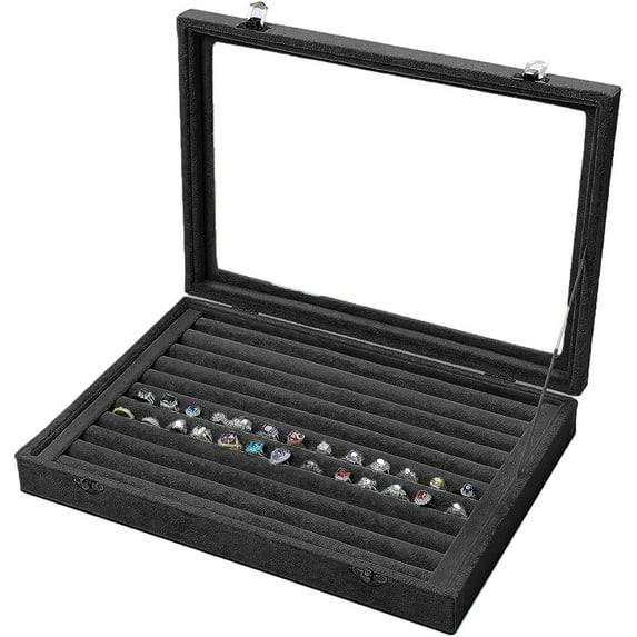 Velvet Ring Storage Box - Jewelry Holder with Clear Glass Lid Hold Up To Display Box Tray - Rings, Earrings, Pendants & Cufflinks
